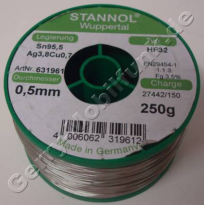 Stannol Bleifreier SMD-Ltdraht 250gramm 0,5mm SN95,5 AG3,8 Cu0,7 ( Flussmittel nach DIN EN 29454-1 1.1.3.B 3,5Prozent )