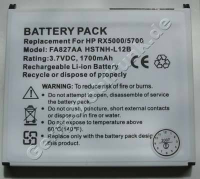 Akku fr HP Compaq iPAQ rx5700 ( baugleich mit P/N FA827AA, HSTNH-L12B) LiIon 3,7V 1700mAh 5,8mm dick ca.40g (Akku vom Markenhersteller, nicht original) 