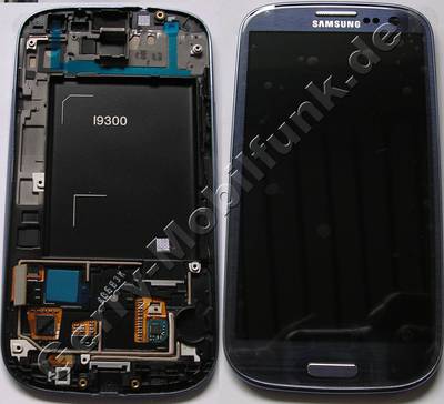 Display blau, Displaymodul Samsung i9300 Galaxy S3 Displayscheibe, Touchpanel blue, incl. Oberschale und Displayrahmen, Displayglas